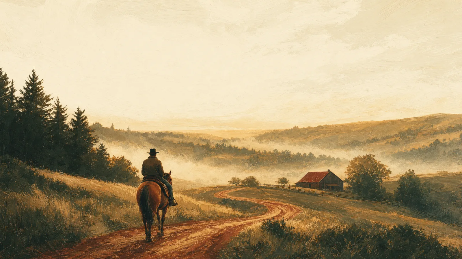 Painterly illustration of a rider following a winding track home to a stable yard at dusk.
